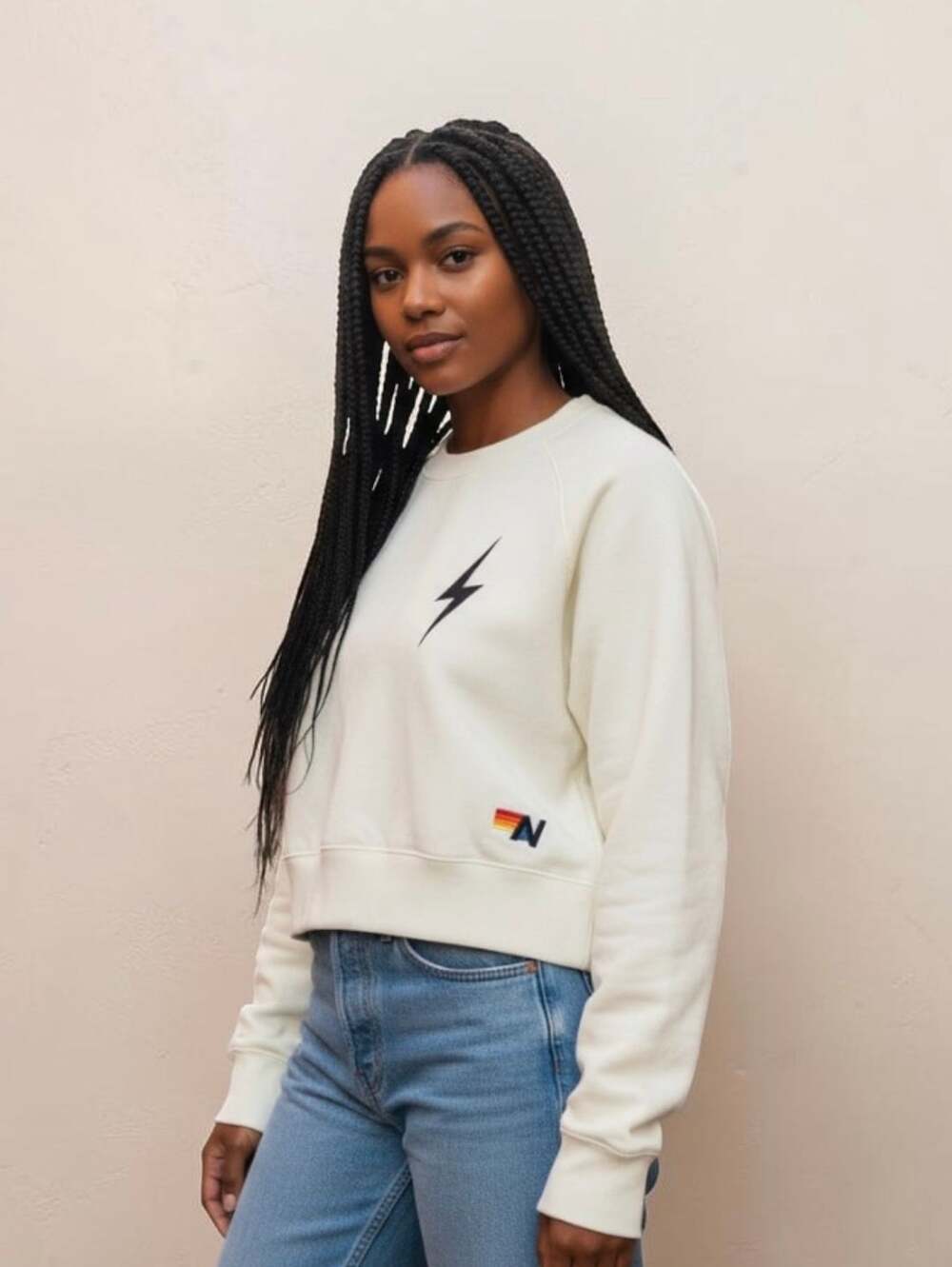 Aviator Nation White Crop Sweatshirt w Lightning Bolt and Logo, Women's Medium